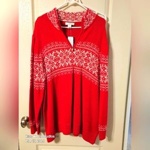 CJ Banks Fair Isle Red White Partial Zip Sweater Plus Size 3X NWT Nordic Classic